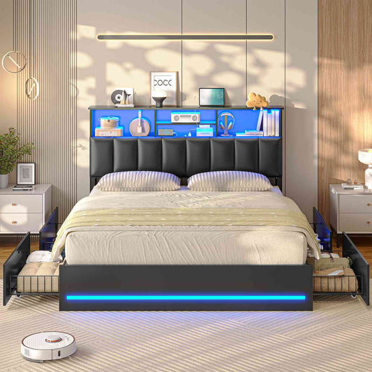 AOGLLATI Full Size Bed Frame with 4 Storage Drawers and Charging Station LED Lights Bed Frames with Stylish Bookcase Headboard