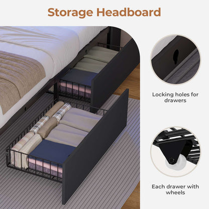 AOGLLATI Queen Size Bed Frame with 4 Storage Drawers and Charging Station LED Lights Bed Frames with Stylish Bookcase Headboard