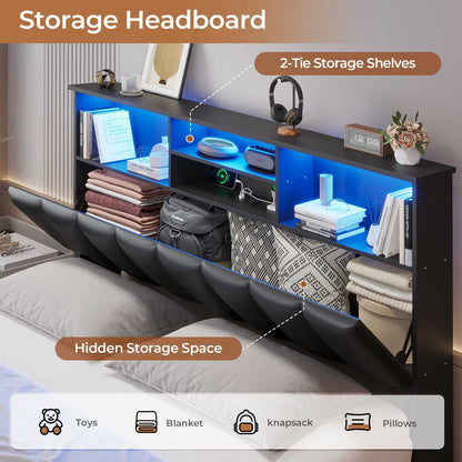 AOGLLATI Queen Size Bed Frame with 4 Storage Drawers and Charging Station LED Lights Bed Frames with Stylish Bookcase Headboard