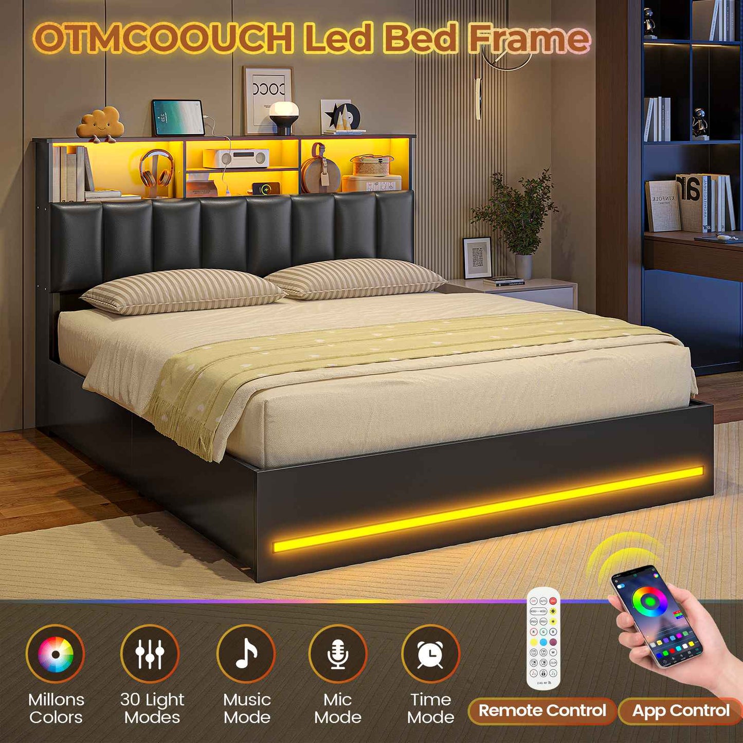 AOGLLATI Queen Size Bed Frame with 4 Storage Drawers and Charging Station LED Lights Bed Frames with Stylish Bookcase Headboard