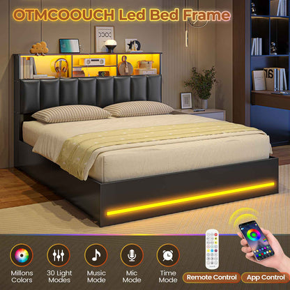 AOGLLATI Queen Size Bed Frame with 4 Storage Drawers and Charging Station LED Lights Bed Frames with Stylish Bookcase Headboard