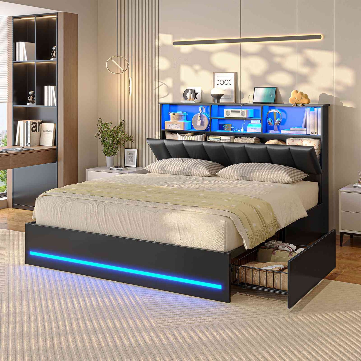 AOGLLATI Queen Size Bed Frame with 4 Storage Drawers and Charging Station LED Lights Bed Frames with Stylish Bookcase Headboard