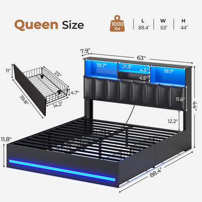 AOGLLATI Queen Size Bed Frame with 4 Storage Drawers and Charging Station LED Lights Bed Frames with Stylish Bookcase Headboard