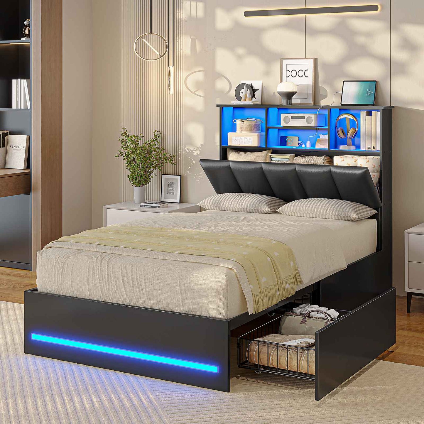AOGLLATI Twin Size Bed Frame with Charging Station and LED Lights Metal Bed Frames with Stylish Bookcase Headboard and 4 Storage Drawers