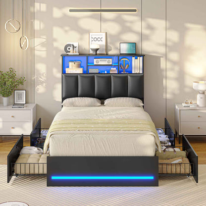AOGLLATI Twin Size Bed Frame with Charging Station and LED Lights Metal Bed Frames with Stylish Bookcase Headboard and 4 Storage Drawers