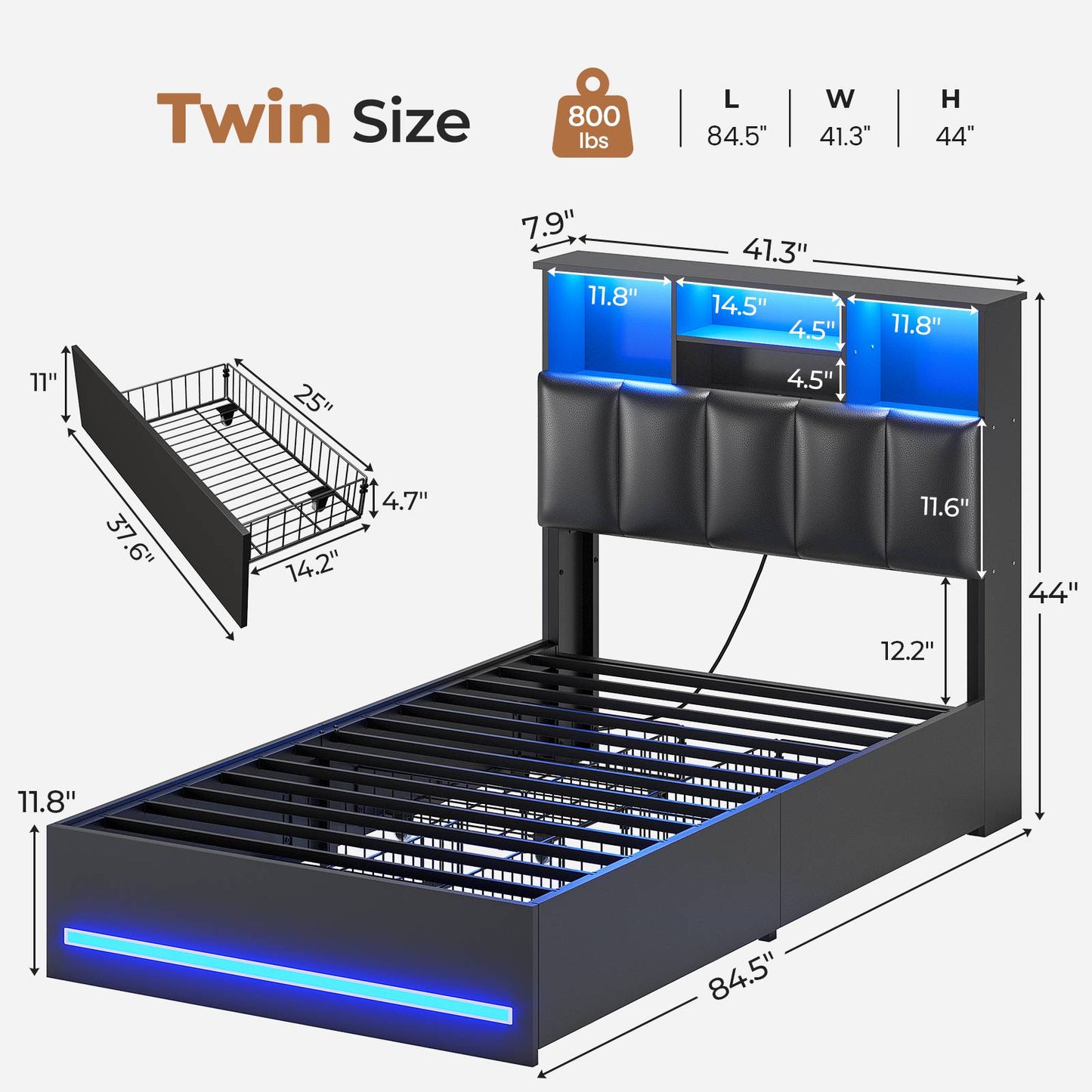 AOGLLATI Twin Size Bed Frame with Charging Station and LED Lights Metal Bed Frames with Stylish Bookcase Headboard and 4 Storage Drawers