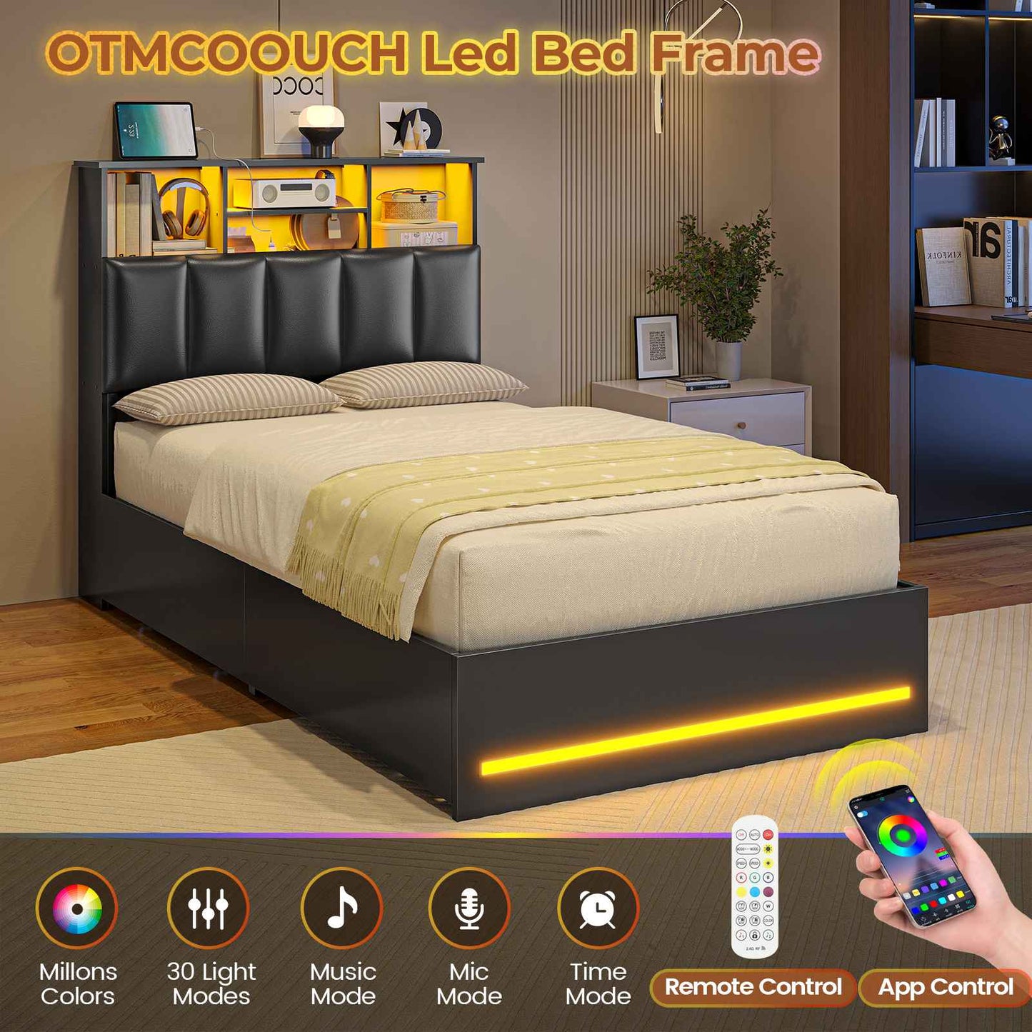 AOGLLATI Twin Size Bed Frame with Charging Station and LED Lights Metal Bed Frames with Stylish Bookcase Headboard and 4 Storage Drawers
