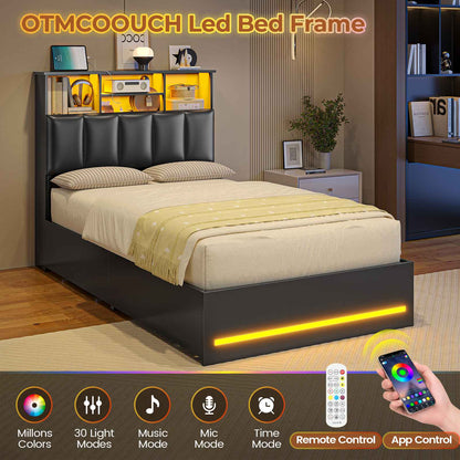 AOGLLATI Twin Size Bed Frame with Charging Station and LED Lights Metal Bed Frames with Stylish Bookcase Headboard and 4 Storage Drawers
