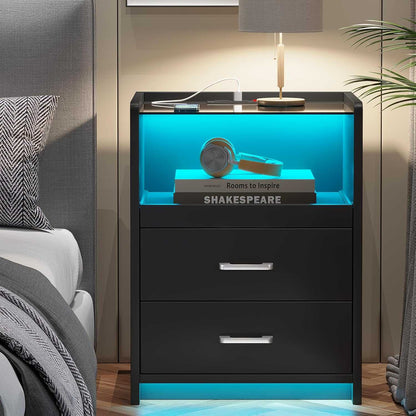 AOGLLATI Nightstand with Charging Station and LED Lights Night Stand with Pull-Out Tray and 2 Drawers Bedside Table
