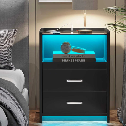 AOGLLATI Nightstand with Charging Station and LED Lights Night Stand with Pull-Out Tray and 2 Drawers Bedside Table