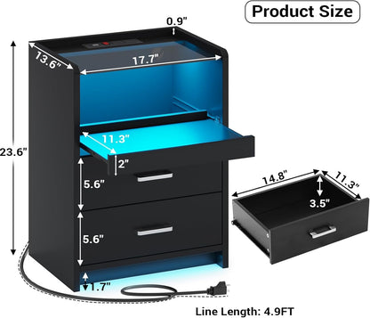 AOGLLATI Nightstand with Charging Station and LED Lights Night Stand with Pull-Out Tray and 2 Drawers Bedside Table