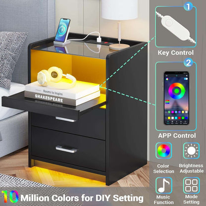 AOGLLATI Nightstand with Charging Station and LED Lights Night Stand with Pull-Out Tray and 2 Drawers Bedside Table
