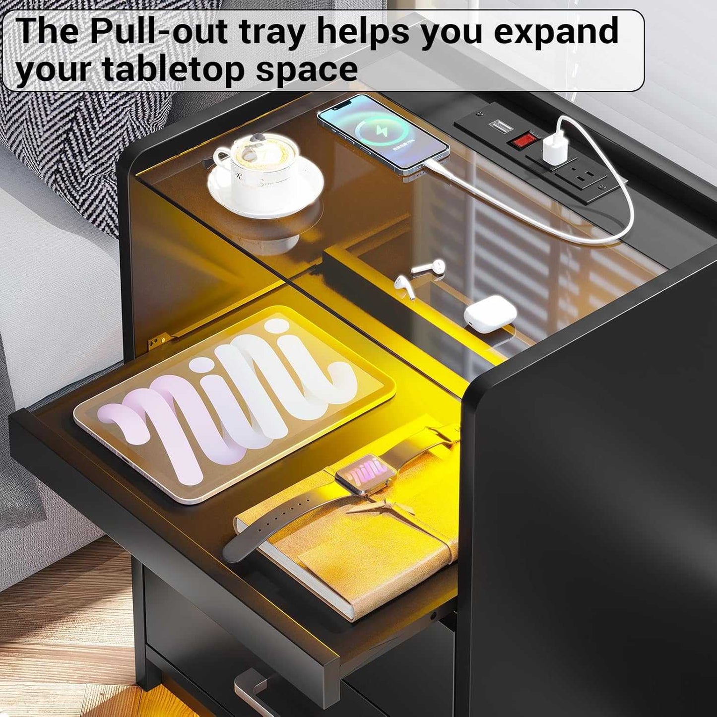 AOGLLATI Nightstand with Charging Station and LED Lights Night Stand with Pull-Out Tray and 2 Drawers Bedside Table