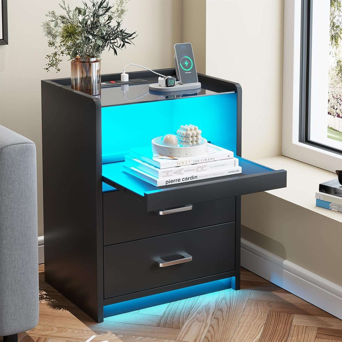 AOGLLATI Nightstand with Charging Station and LED Lights Night Stand with Pull-Out Tray and 2 Drawers Bedside Table
