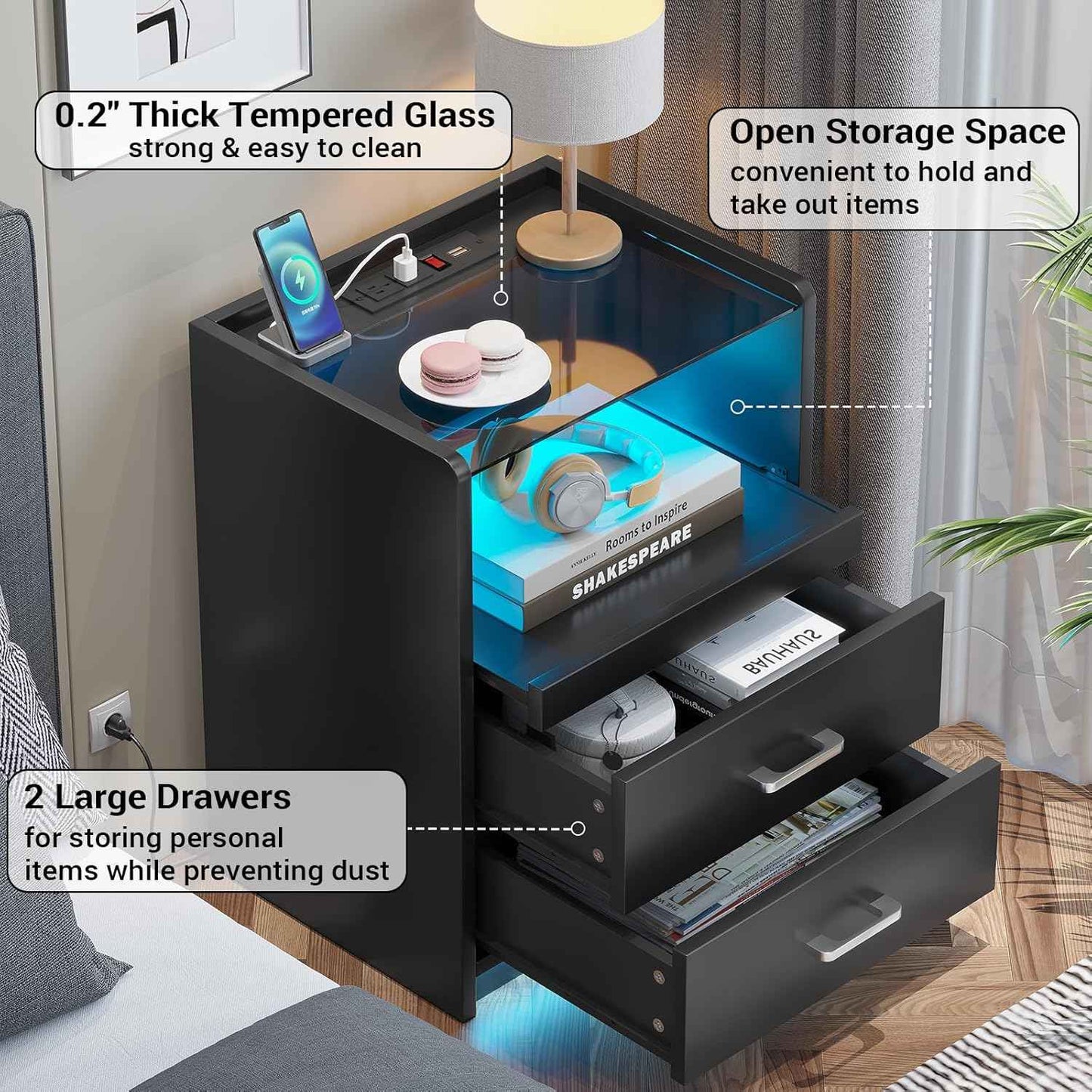 AOGLLATI Nightstand with Charging Station and LED Lights Night Stand with Pull-Out Tray and 2 Drawers Bedside Table