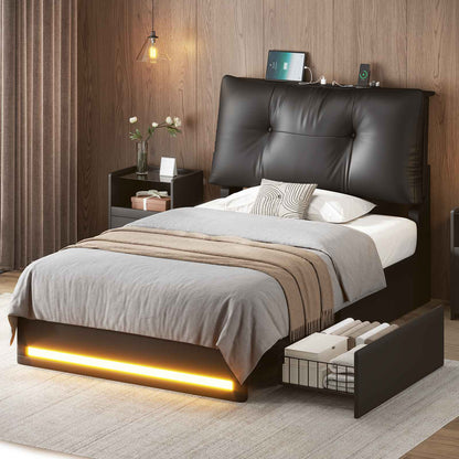 AOGLLATI Twin Size Bed Frame with Removable Upholstered Thick Backrest Headboard Led Bed Frames with 4 Storage Drawers and Charging Station