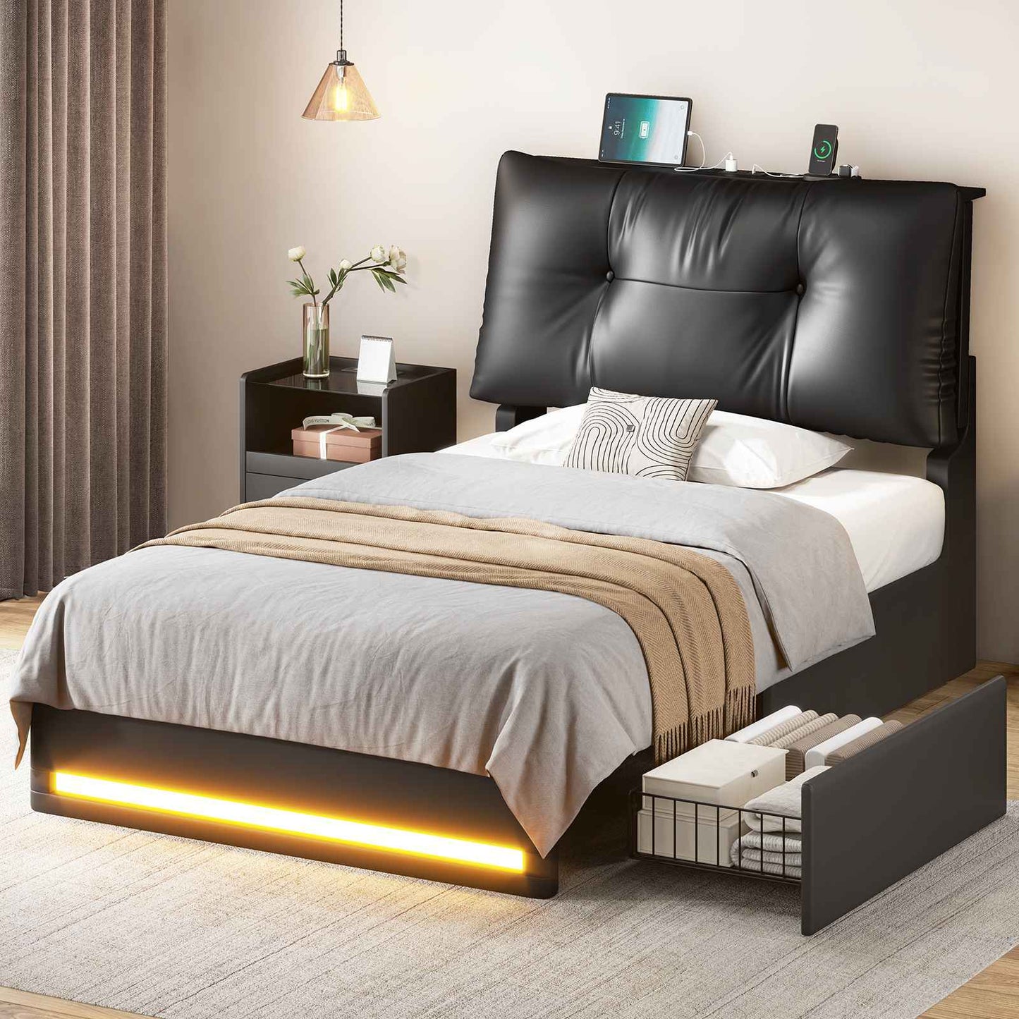 AOGLLATI Twin Size Bed Frame with Removable Upholstered Thick Backrest Headboard Led Bed Frames with 4 Storage Drawers and Charging Station