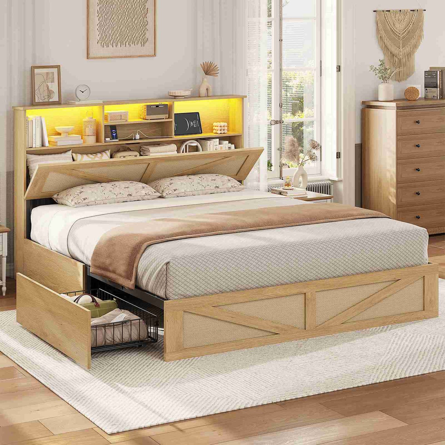 AOGLLATI Full Size Bed Frame with 4 Storage Drawers and Natural Rattan 2-Tier Bookcase Boho Bed Frame with Charging Station and Led Lights