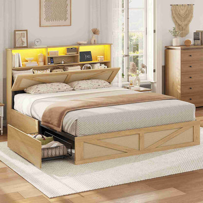 AOGLLATI Full Size Bed Frame with 4 Storage Drawers and Natural Rattan 2-Tier Bookcase Boho Bed Frame with Charging Station and Led Lights