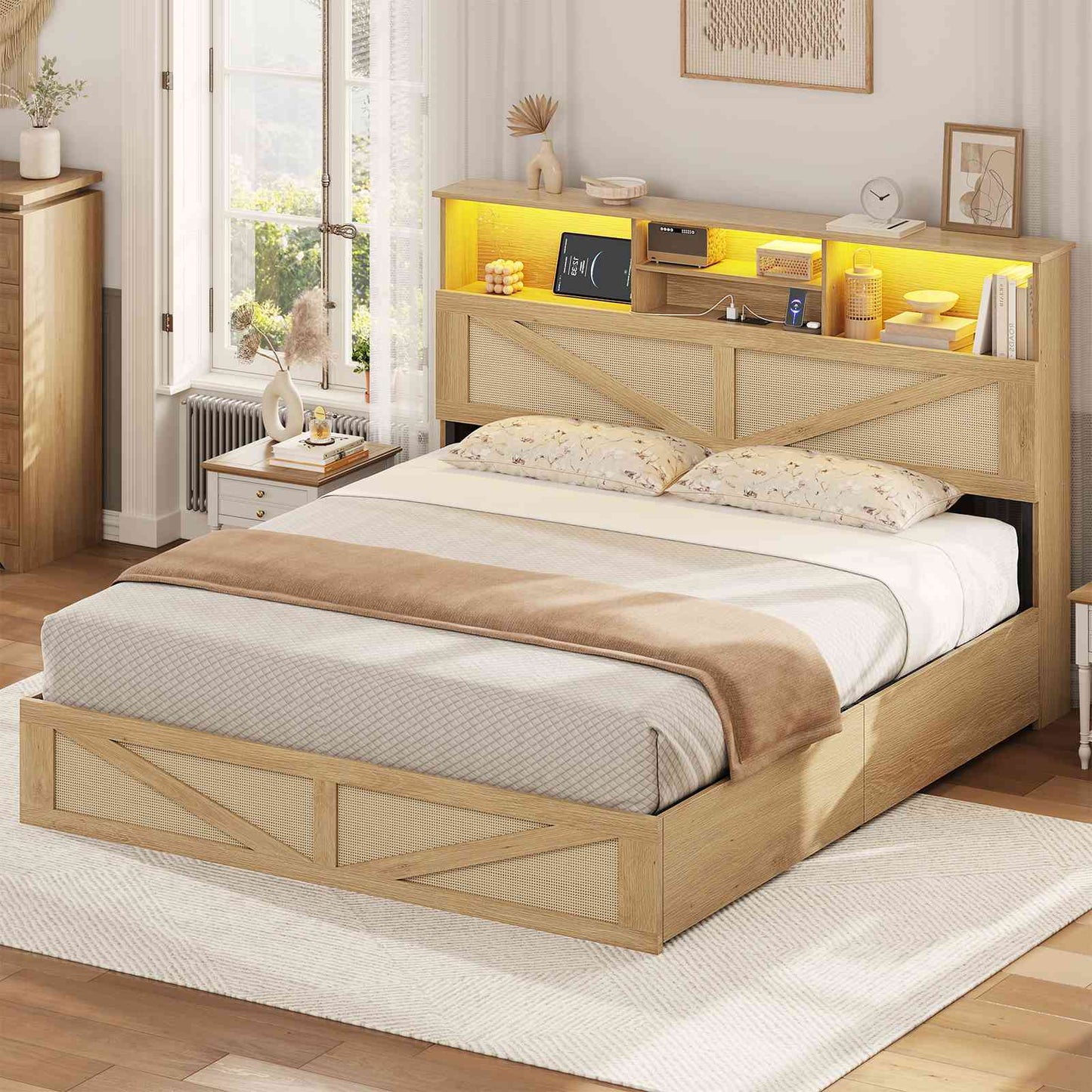 AOGLLATI Full Size Bed Frame with 4 Storage Drawers and Natural Rattan 2-Tier Bookcase Boho Bed Frame with Charging Station and Led Lights