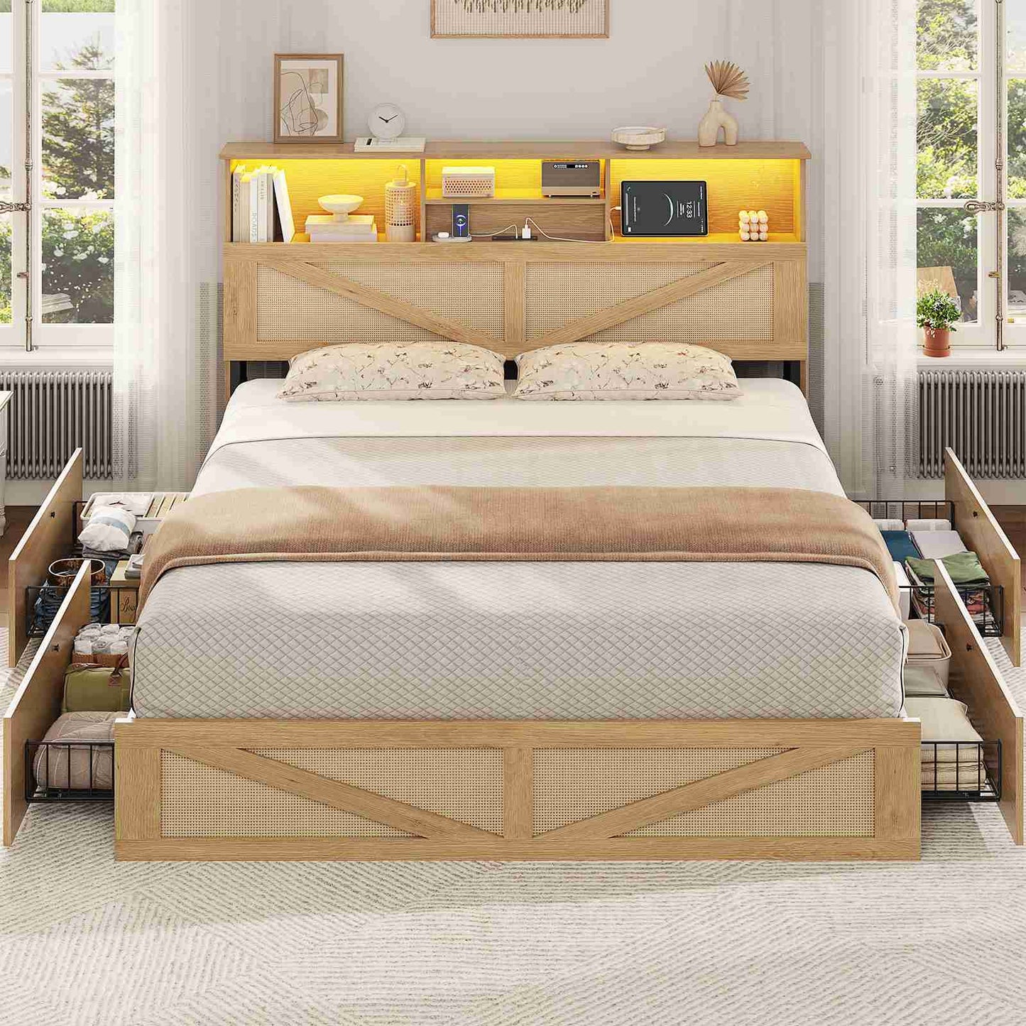 AOGLLATI Full Size Bed Frame with 4 Storage Drawers and Natural Rattan 2-Tier Bookcase Boho Bed Frame with Charging Station and Led Lights