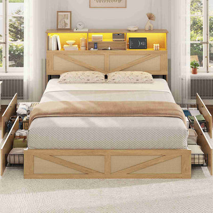 AOGLLATI Full Size Bed Frame with 4 Storage Drawers and Natural Rattan 2-Tier Bookcase Boho Bed Frame with Charging Station and Led Lights