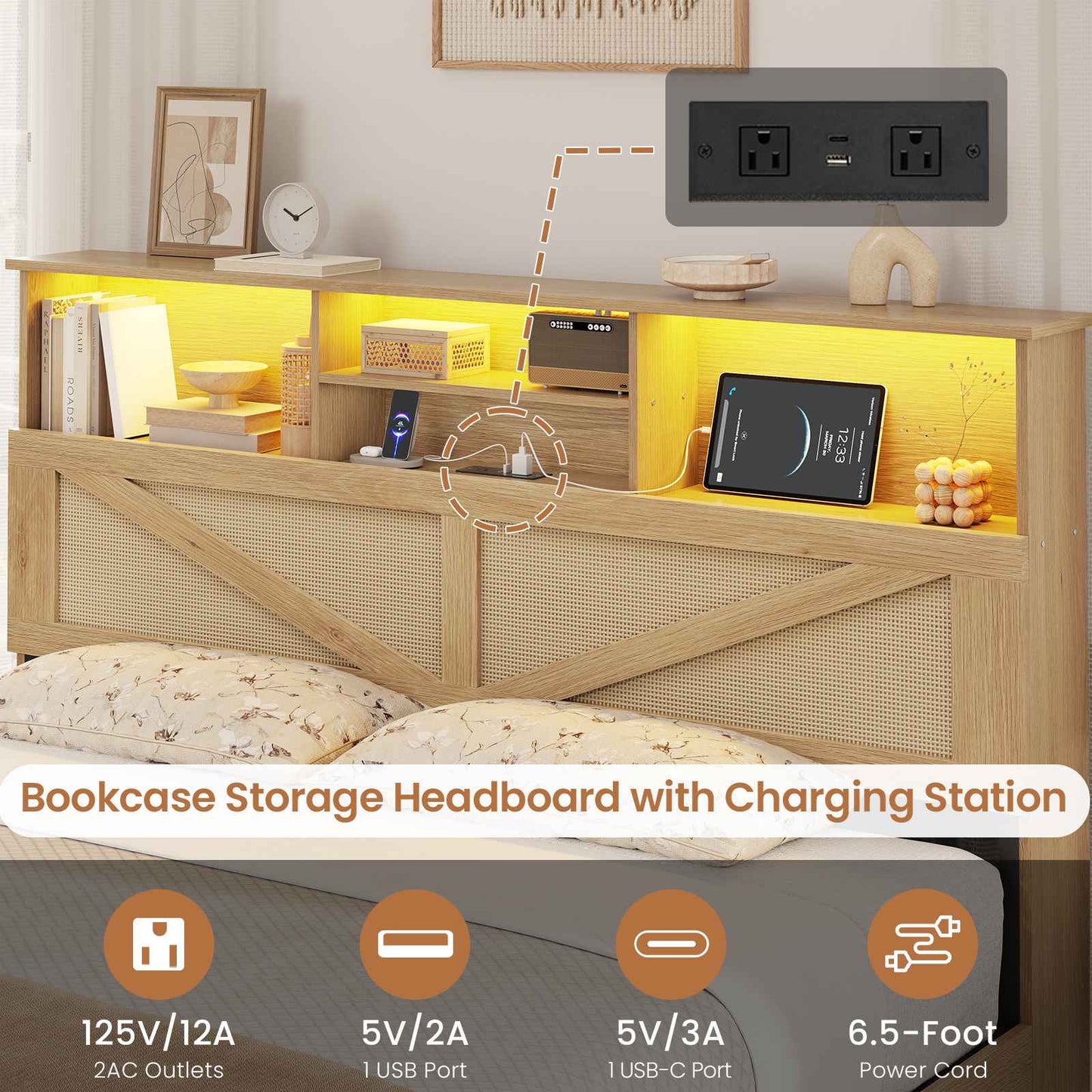 AOGLLATI Full Size Bed Frame with 4 Storage Drawers and Natural Rattan 2-Tier Bookcase Boho Bed Frame with Charging Station and Led Lights
