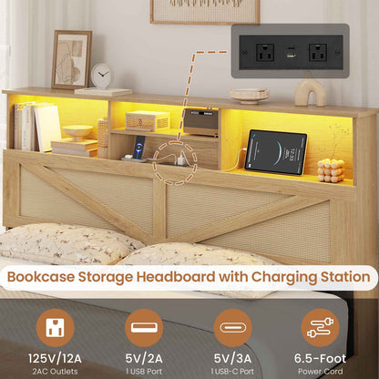 AOGLLATI Full Size Bed Frame with 4 Storage Drawers and Natural Rattan 2-Tier Bookcase Boho Bed Frame with Charging Station and Led Lights