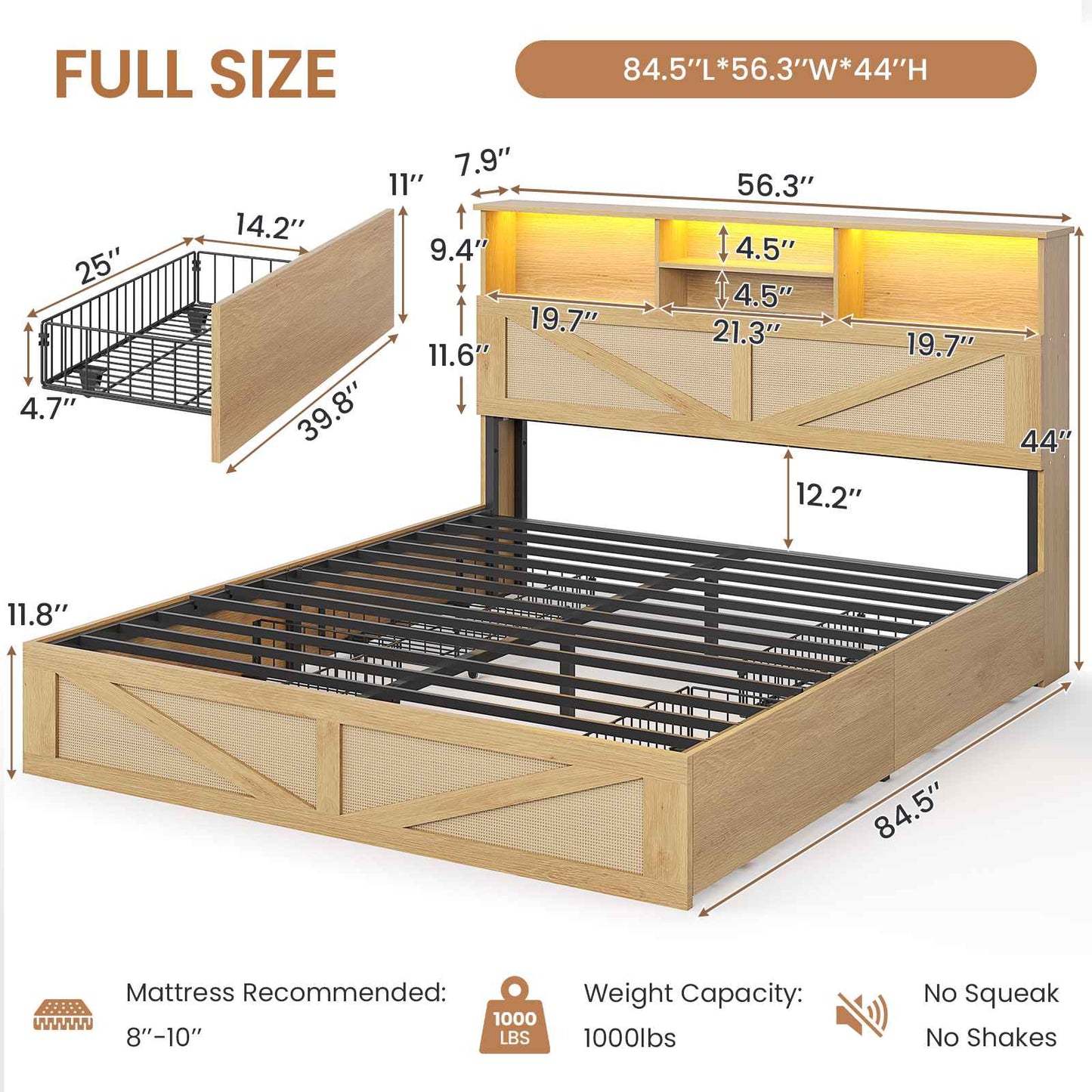 AOGLLATI Full Size Bed Frame with 4 Storage Drawers and Natural Rattan 2-Tier Bookcase Boho Bed Frame with Charging Station and Led Lights