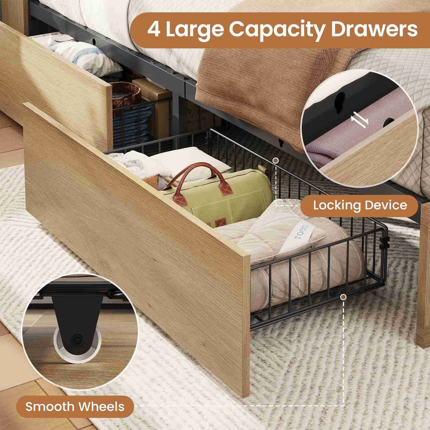 AOGLLATI Full Size Bed Frame with 4 Storage Drawers and Natural Rattan 2-Tier Bookcase Boho Bed Frame with Charging Station and Led Lights