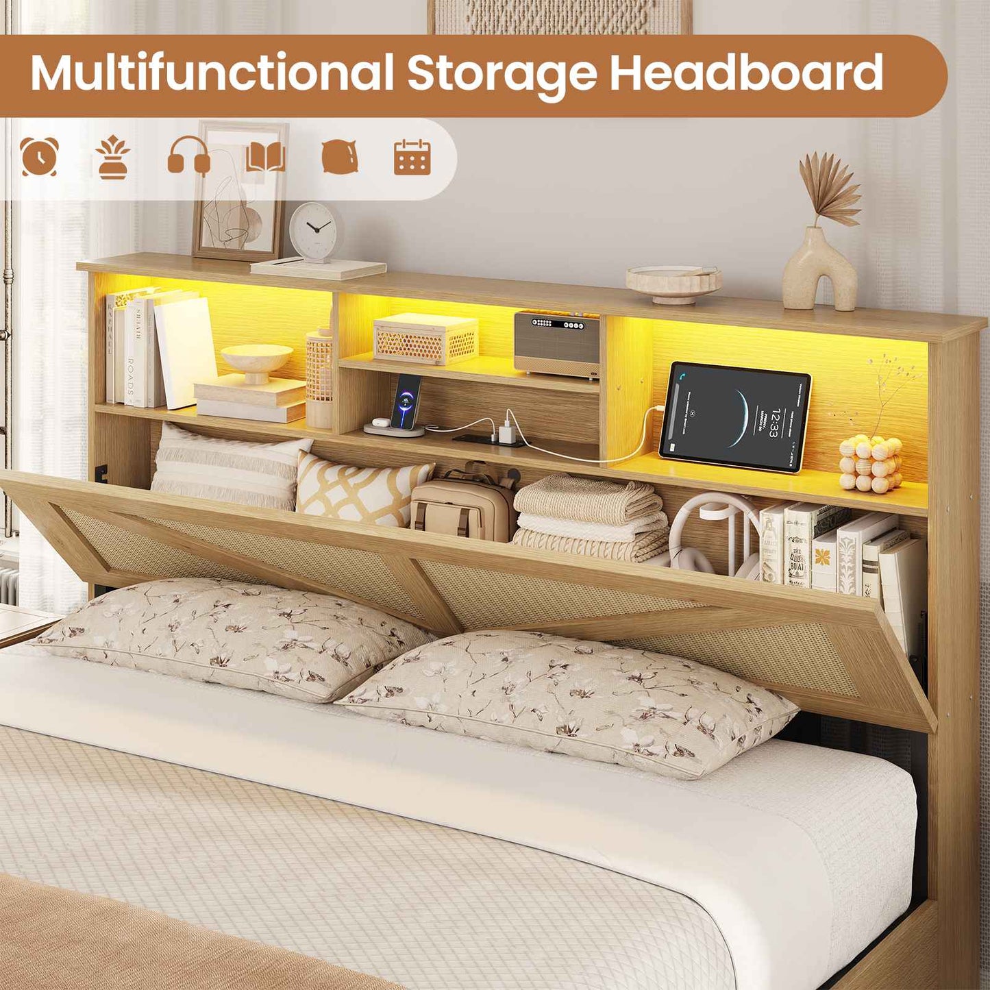 AOGLLATI Full Size Bed Frame with 4 Storage Drawers and Natural Rattan 2-Tier Bookcase Boho Bed Frame with Charging Station and Led Lights