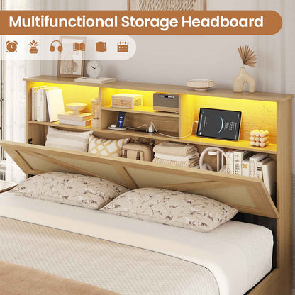 AOGLLATI Full Size Bed Frame with 4 Storage Drawers and Natural Rattan 2-Tier Bookcase Boho Bed Frame with Charging Station and Led Lights
