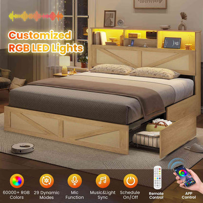 AOGLLATI Full Size Bed Frame with 4 Storage Drawers and Natural Rattan 2-Tier Bookcase Boho Bed Frame with Charging Station and Led Lights