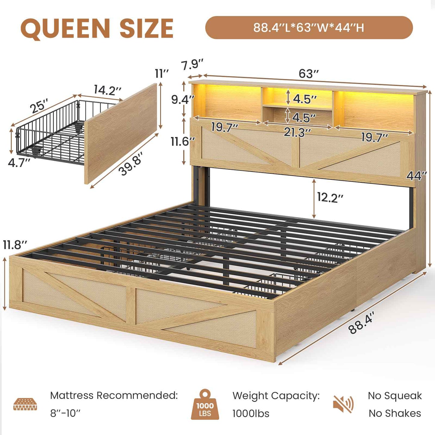 AOGLLATI Queen Size Bed Frame with 4 Storage Drawers and Natural Rattan 2-Tier Bookcase Boho Bed Frame with Charging Station and Led Lights