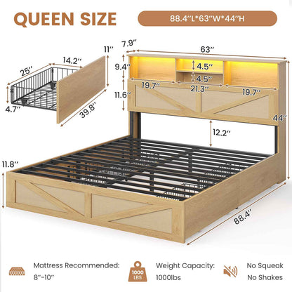 AOGLLATI Queen Size Bed Frame with 4 Storage Drawers and Natural Rattan 2-Tier Bookcase Boho Bed Frame with Charging Station and Led Lights
