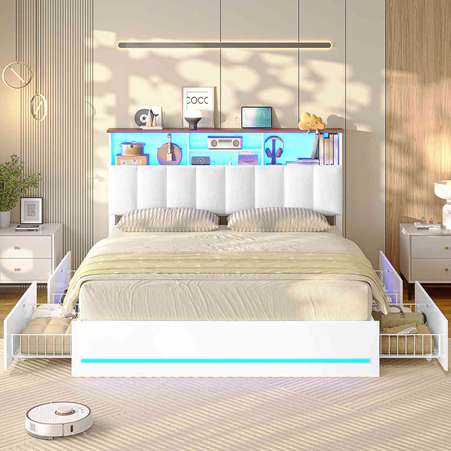 AOGLLATI Queen Size Bed Frame with 4 Storage Drawers and Charging Station LED Lights Bed Frames with Stylish Bookcase Headboard