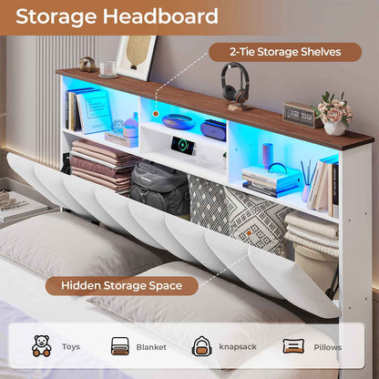AOGLLATI Queen Size Bed Frame with 4 Storage Drawers and Charging Station LED Lights Bed Frames with Stylish Bookcase Headboard