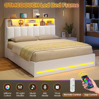 AOGLLATI Queen Size Bed Frame with 4 Storage Drawers and Charging Station LED Lights Bed Frames with Stylish Bookcase Headboard