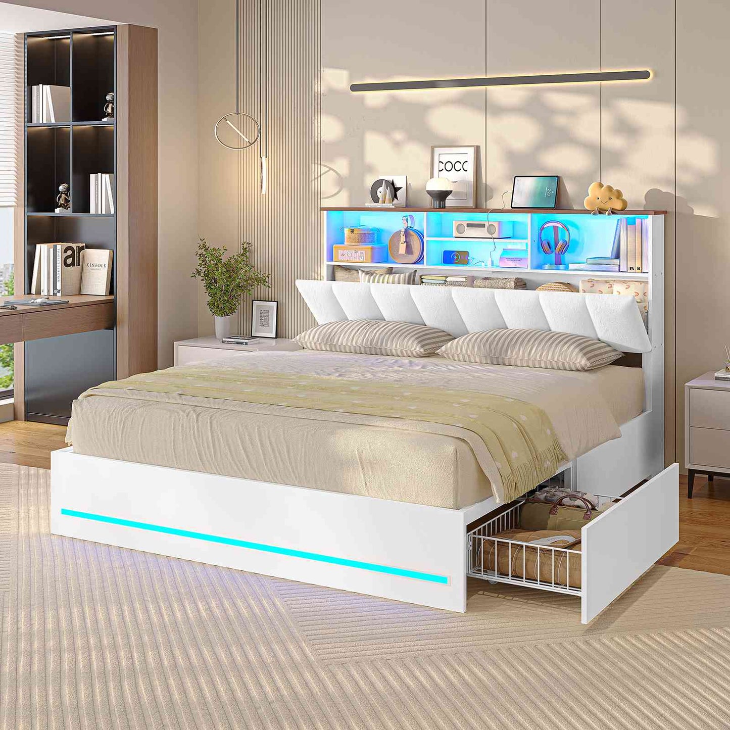 AOGLLATI Queen Size Bed Frame with 4 Storage Drawers and Charging Station LED Lights Bed Frames with Stylish Bookcase Headboard