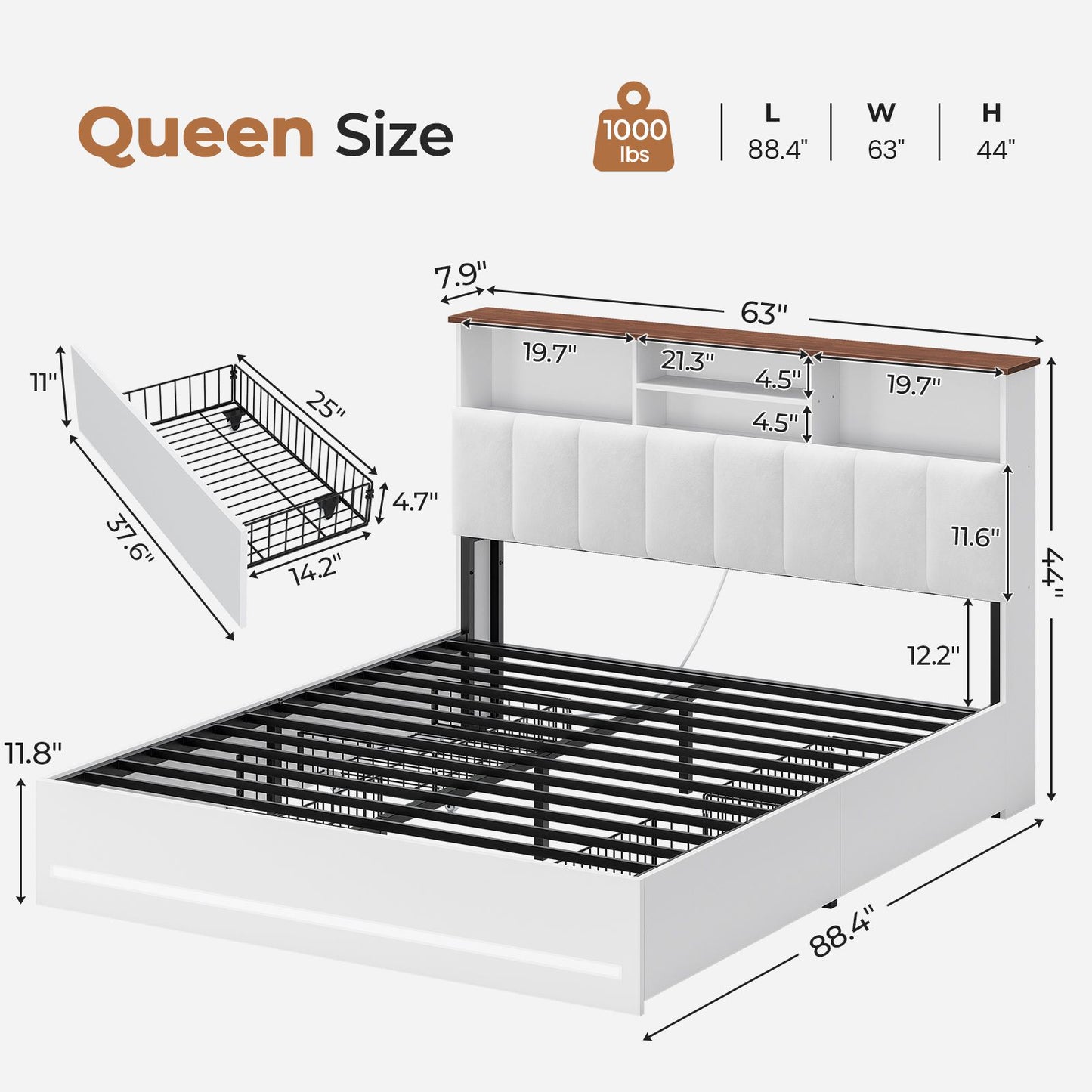 AOGLLATI Queen Size Bed Frame with 4 Storage Drawers and Charging Station LED Lights Bed Frames with Stylish Bookcase Headboard