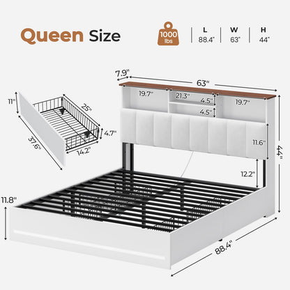 AOGLLATI Queen Size Bed Frame with 4 Storage Drawers and Charging Station LED Lights Bed Frames with Stylish Bookcase Headboard