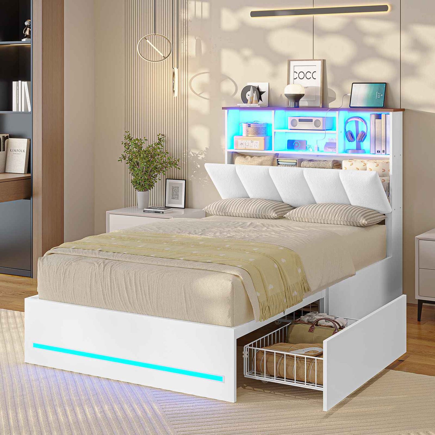AOGLLATI Twin Size Bed Frame with Charging Station and LED Lights Metal Bed Frames with Stylish Bookcase Headboard and 4 Storage Drawers