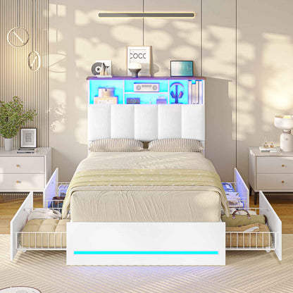 AOGLLATI Twin Size Bed Frame with Charging Station and LED Lights Metal Bed Frames with Stylish Bookcase Headboard and 4 Storage Drawers
