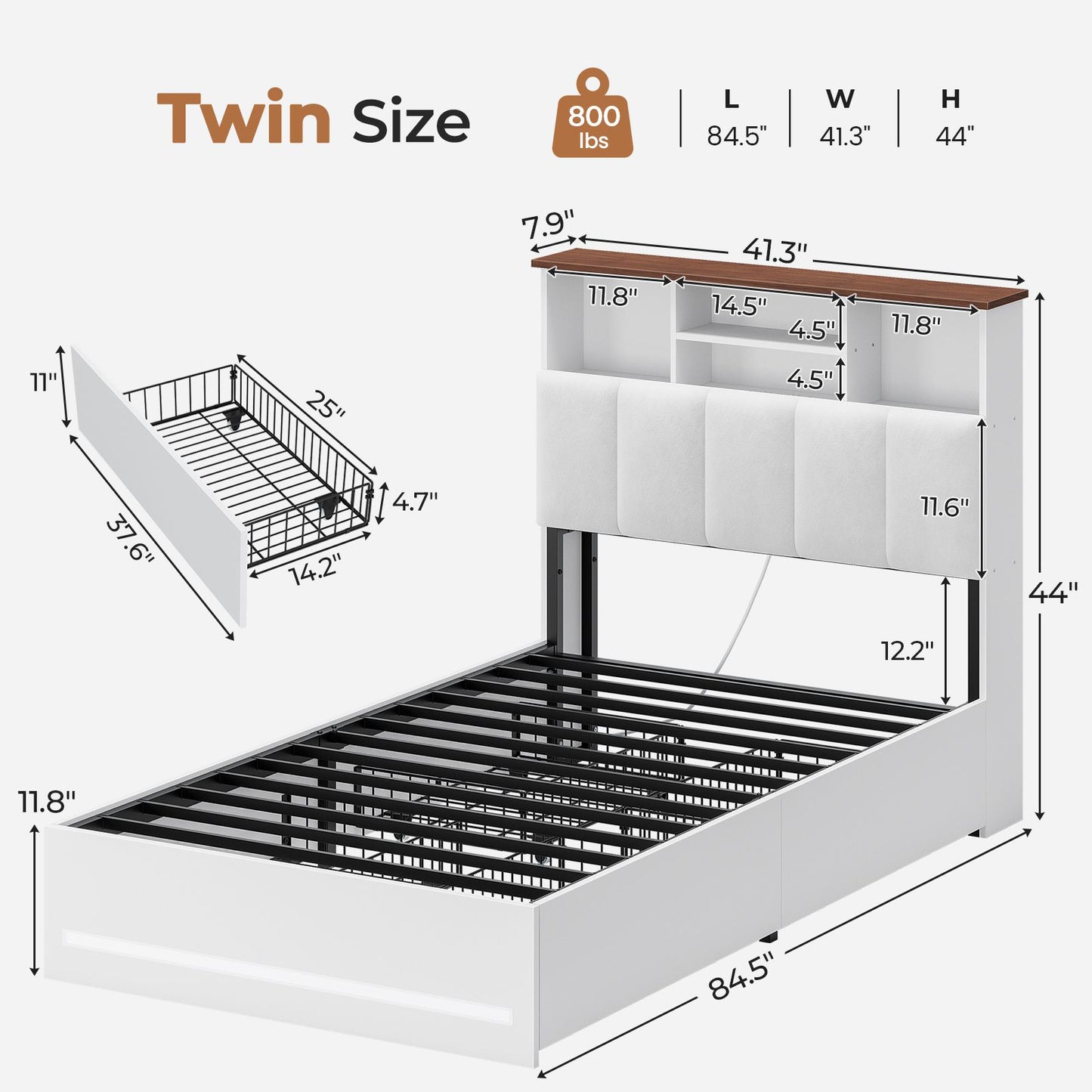 AOGLLATI Twin Size Bed Frame with Charging Station and LED Lights Metal Bed Frames with Stylish Bookcase Headboard and 4 Storage Drawers
