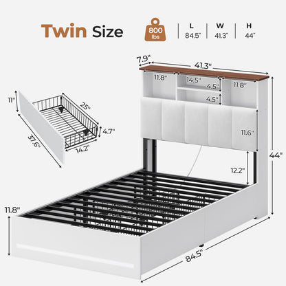 AOGLLATI Twin Size Bed Frame with Charging Station and LED Lights Metal Bed Frames with Stylish Bookcase Headboard and 4 Storage Drawers