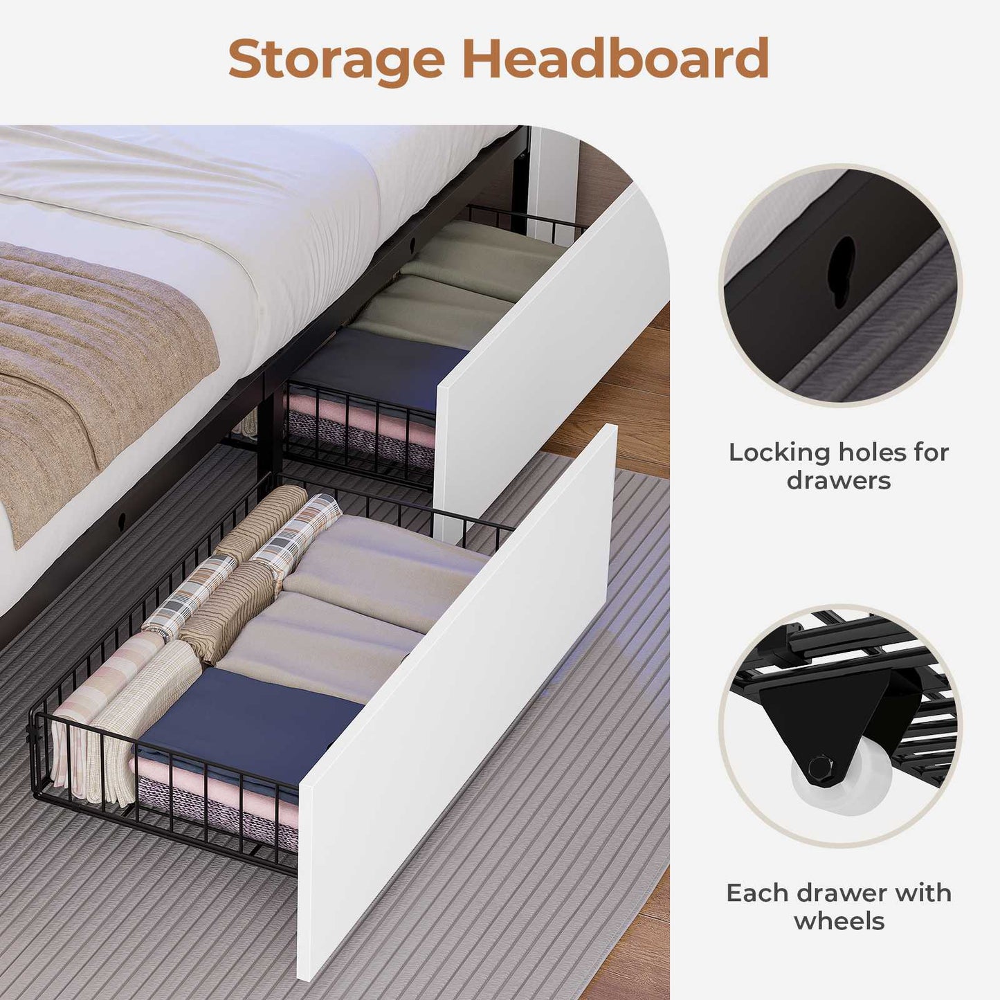 AOGLLATI Twin Size Bed Frame with Charging Station and LED Lights Metal Bed Frames with Stylish Bookcase Headboard and 4 Storage Drawers