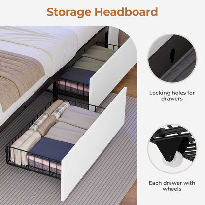 AOGLLATI Twin Size Bed Frame with Charging Station and LED Lights Metal Bed Frames with Stylish Bookcase Headboard and 4 Storage Drawers
