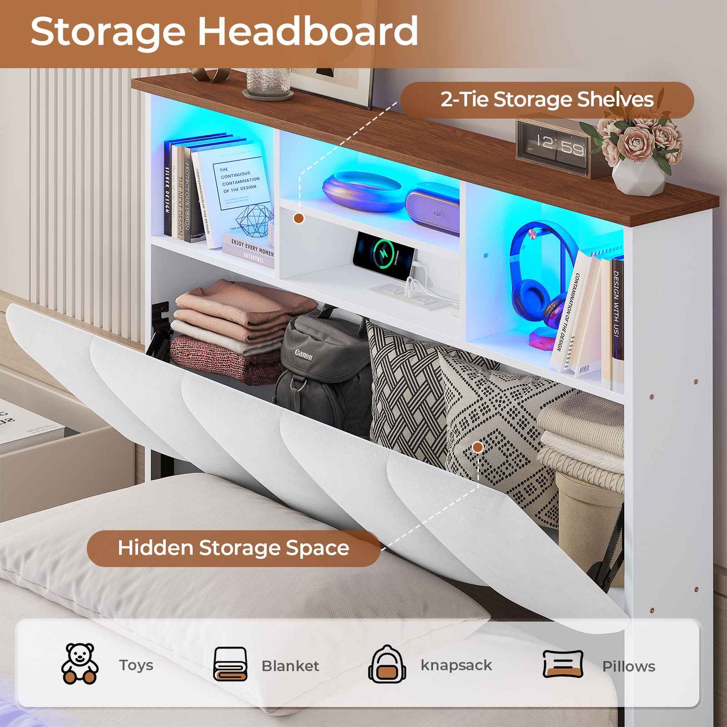 AOGLLATI Twin Size Bed Frame with Charging Station and LED Lights Metal Bed Frames with Stylish Bookcase Headboard and 4 Storage Drawers