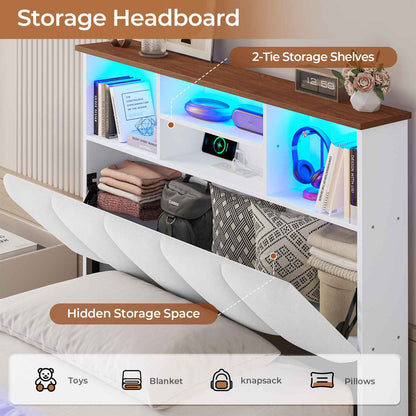 AOGLLATI Twin Size Bed Frame with Charging Station and LED Lights Metal Bed Frames with Stylish Bookcase Headboard and 4 Storage Drawers