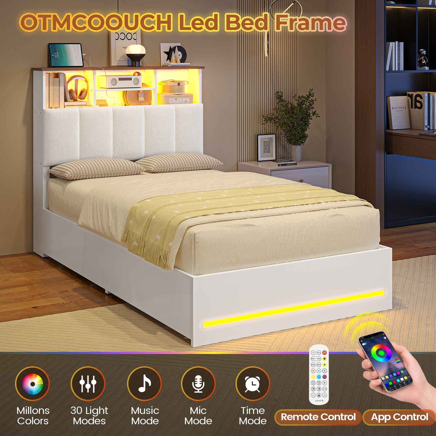 AOGLLATI Twin Size Bed Frame with Charging Station and LED Lights Metal Bed Frames with Stylish Bookcase Headboard and 4 Storage Drawers